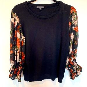 Adrianna Papell Black Top Sweater Blouse Floral Print Sleeves